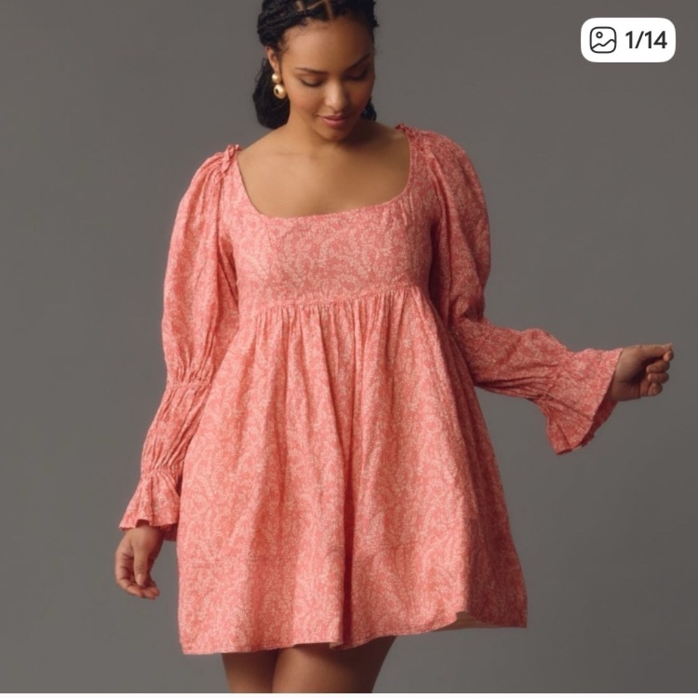 Anthropologie Pilcro pink floral babydoll mini dress with gathered sleeves. L - Picture 3 of 13